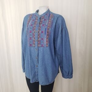 Westbound boho western embroidered denim button down shirt